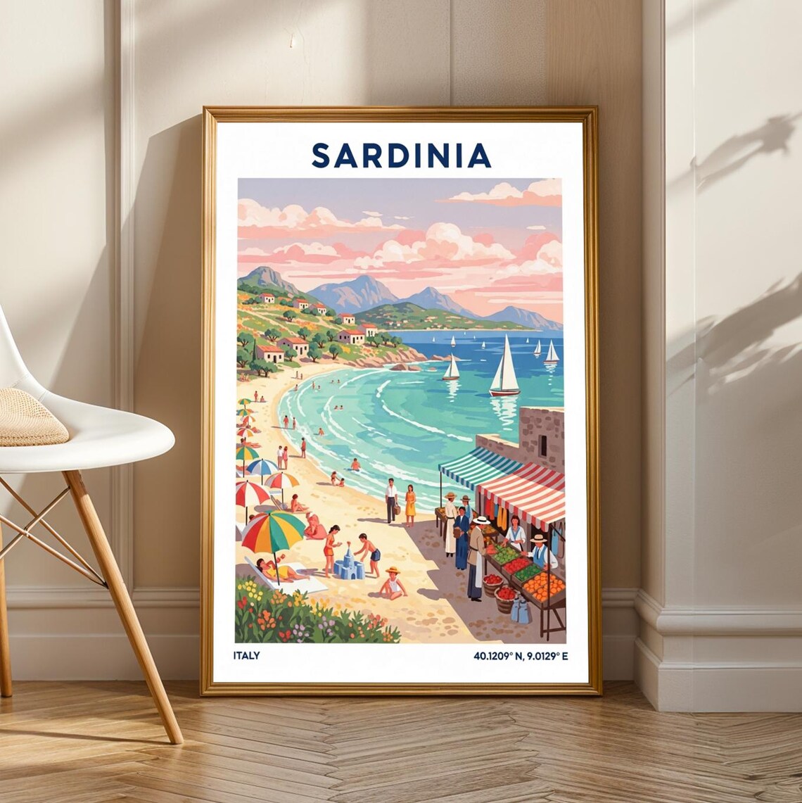 Sardinia Beach Scene Vintage Gouache Travel Poster