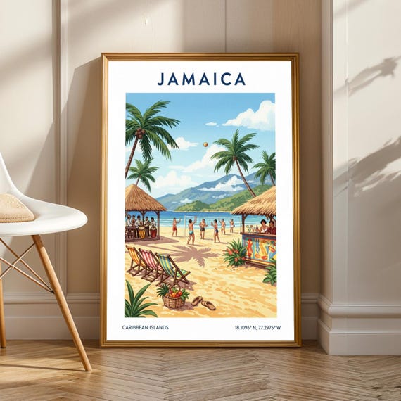 Jamaica Beach Scene Poster Blue Green Yellow Brown Tropical Art Caribbean Island Illustration For Living Room Office Decor