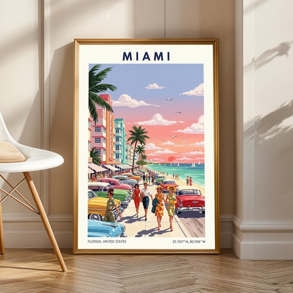 Miami Florida Art Deco Beachfront Vintage Cars Retro Travel Poster