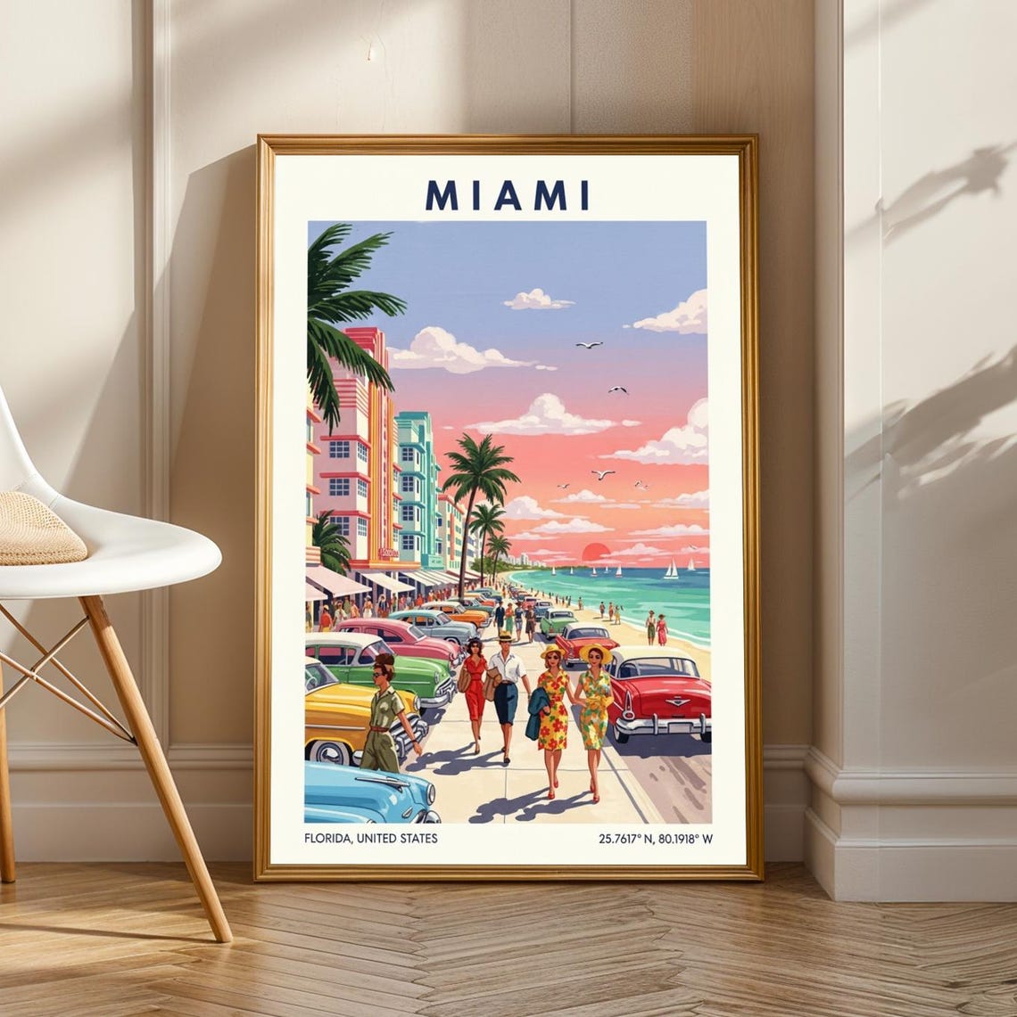 Miami Florida Art Deco Beachfront Vintage Cars Retro Travel Poster