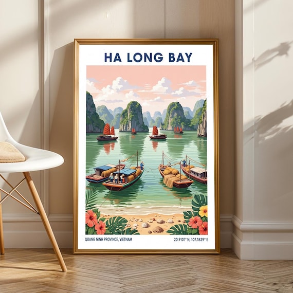 Ha Long Bay Vintage Gouache Poster Green And Blue Red Decor Vietnamese Travel Art Living Room Office Illustration