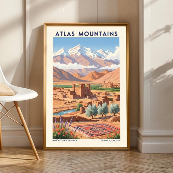 Atlas Mountains Morocco Poster Vintage Gouache Travel Art Blue And Brown Green Red White Decor Living Room Or Office