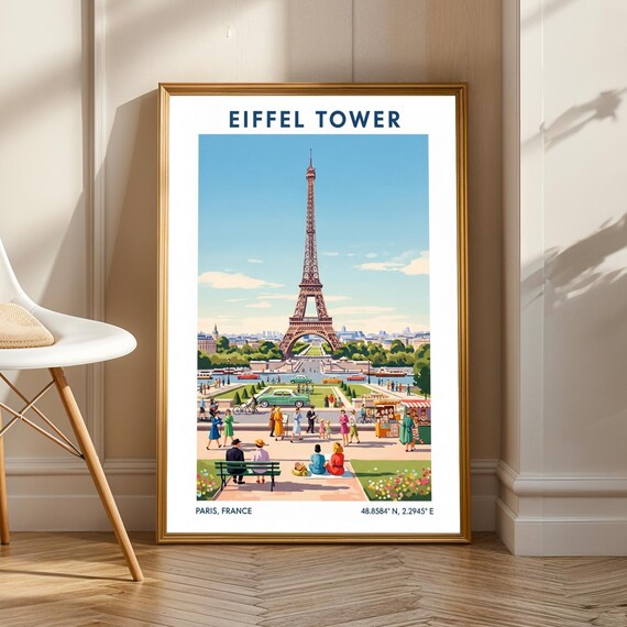 Paris Eiffel Tower Poster Vintage Gouache Illustration Blue Green Pink And Yellow Travel Art Living Room Office Decor