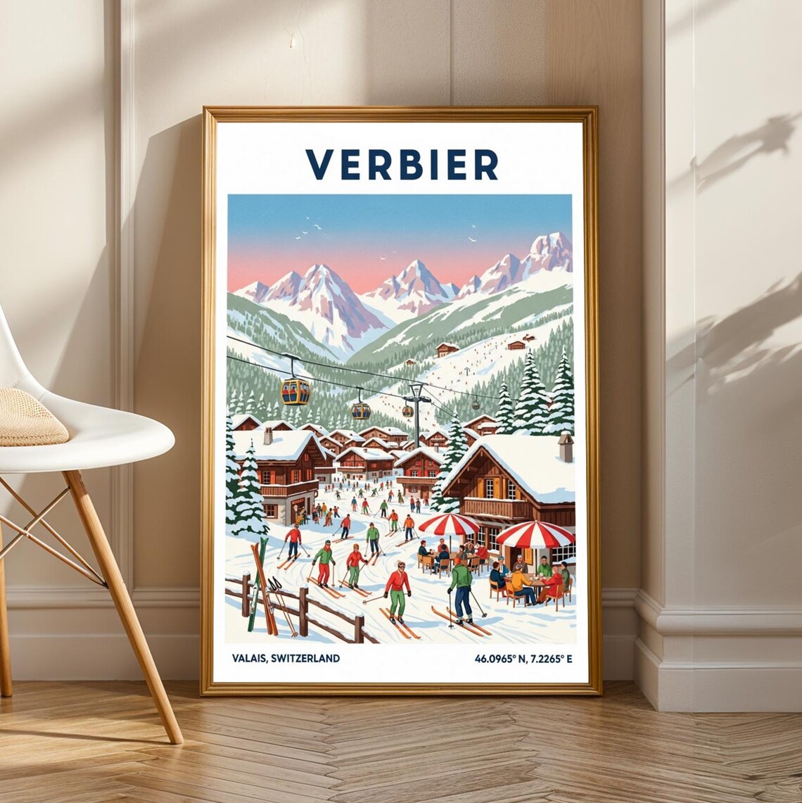 Verbier Skiing Retro Travel Poster, Swiss Alps