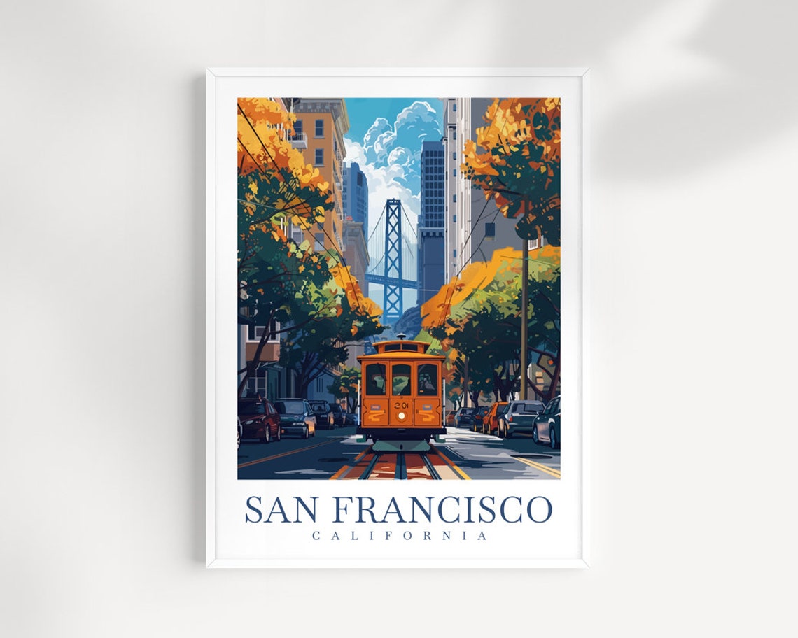 San Francisco Cable Car Bay Bridge California Travel Wall Art