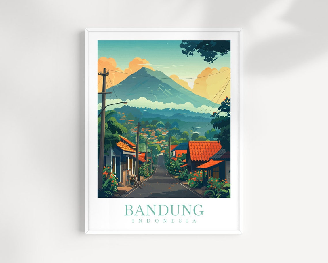 Bandung Indonesia Village Street Volcano Backdrop Travel Poster