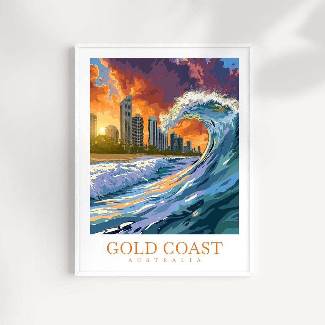 Gold Coast Australia Sunset Wave Crashing Before City Skyline Poster