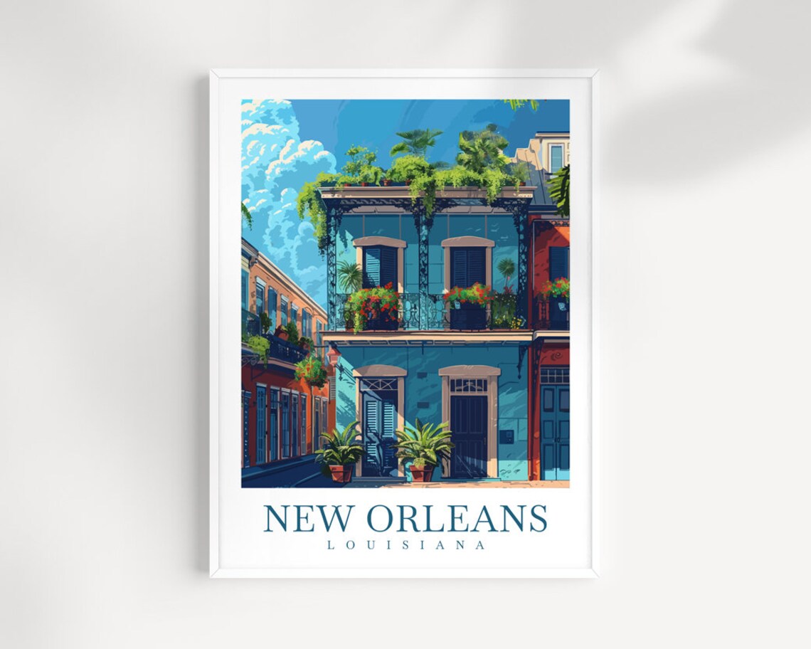 New Orleans Louisiana Teal Creole House Floral Balcony Poster
