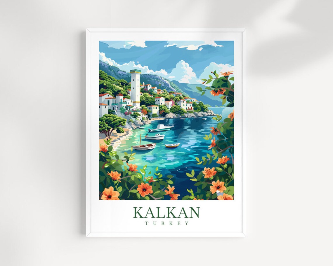 Kalkan Turkey Harbor Bay Flowers Boats Vintage Travel Poster