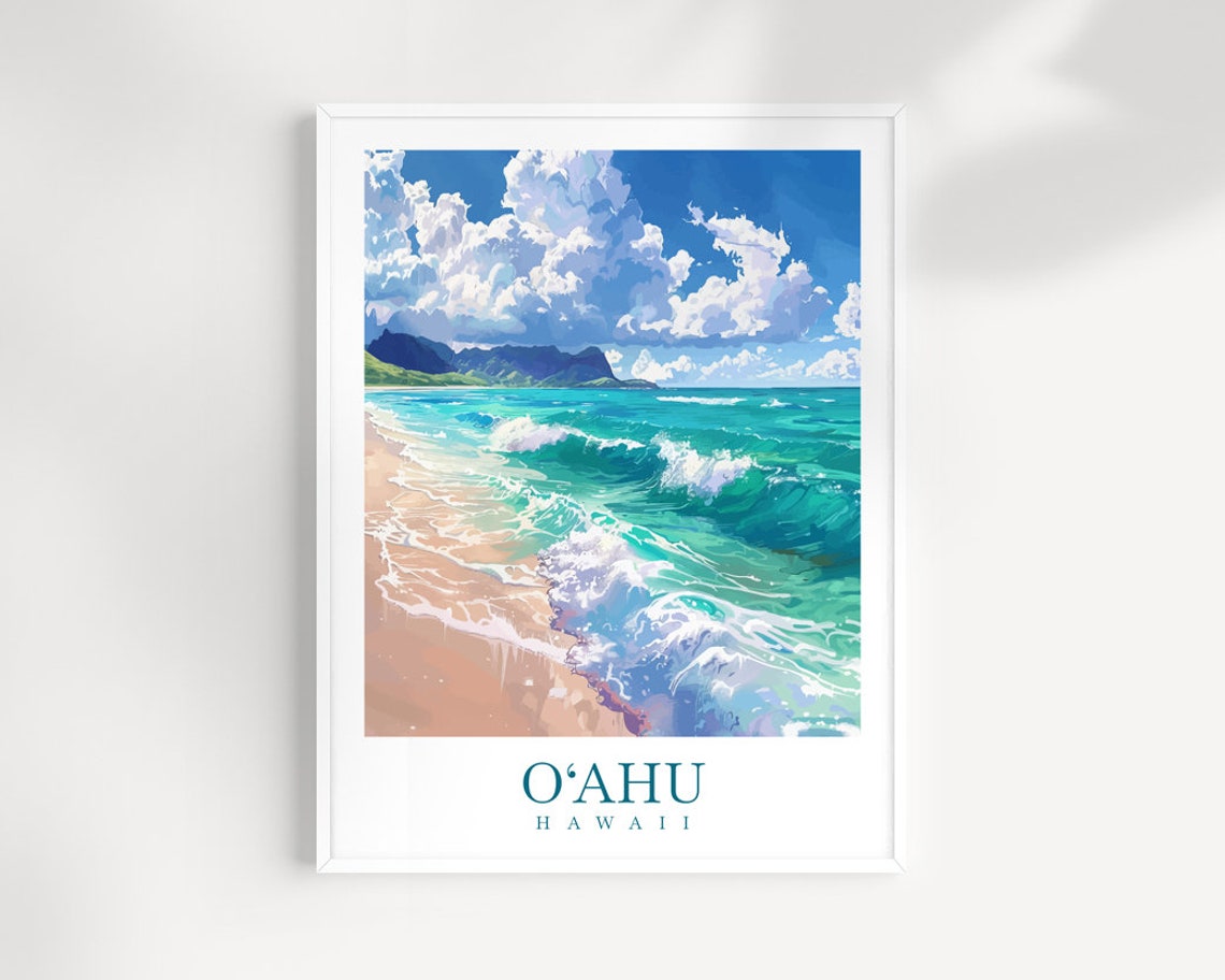 Oahu Hawaii Turquoise Beach Waves Mountain Coast Travel Poster