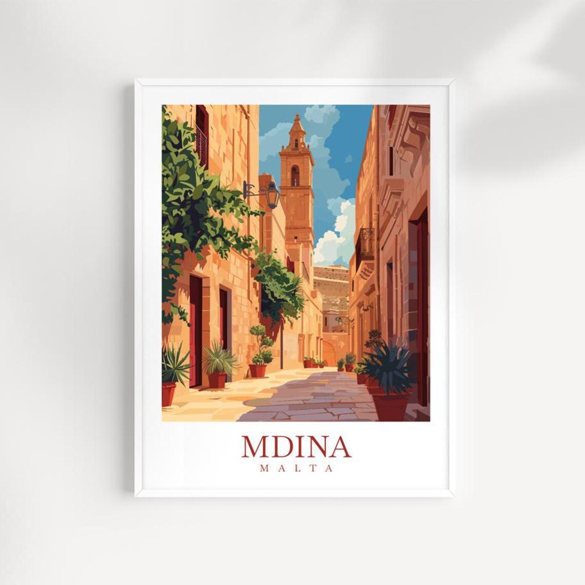 Mdina Malta Cobblestone Street Bell Tower Vintage Travel Poster