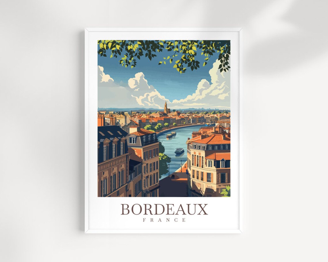 Bordeaux France River City Red Roof Panorama Vintage Travel Poster
