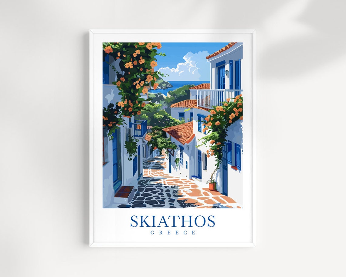 Skiathos Greece Old Town Street Whitewashed Alley Flowers Poster