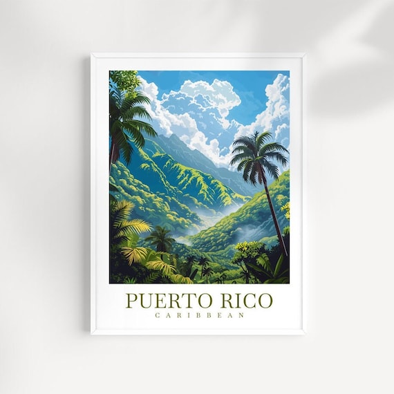Puerto Rico Caribbean Misty Rainforest Valley Palms Travel Poster