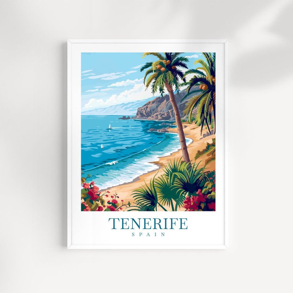 Tenerife Spain Sandy Beach Palm Trees Sailboats Travel Poster
