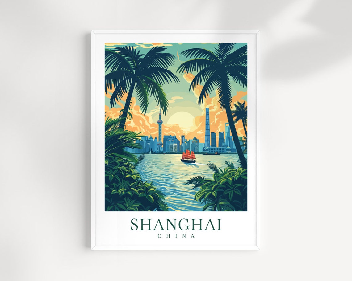 Shanghai China Sunset Skyline Palm Trees River Travel Poster