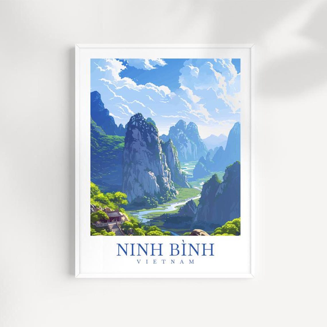 Ninh Binh Vietnam Scenic Karst Mountain River Valley Pagoda Poster