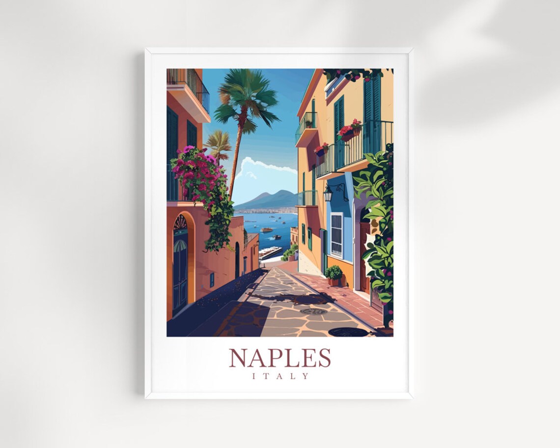 Naples Italy Vintage Travel Poster Flower Lined Old Town Street