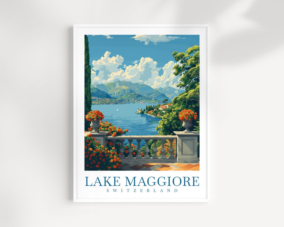 Lake Maggiore Travel Poster - Flower Terrace View of Swiss Alpine Lake