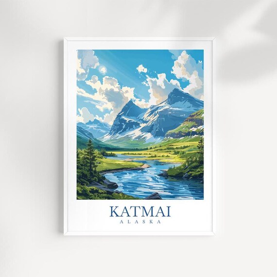 Katmai Alaska Snowy Peak Illustrated River Valley Travel Poster