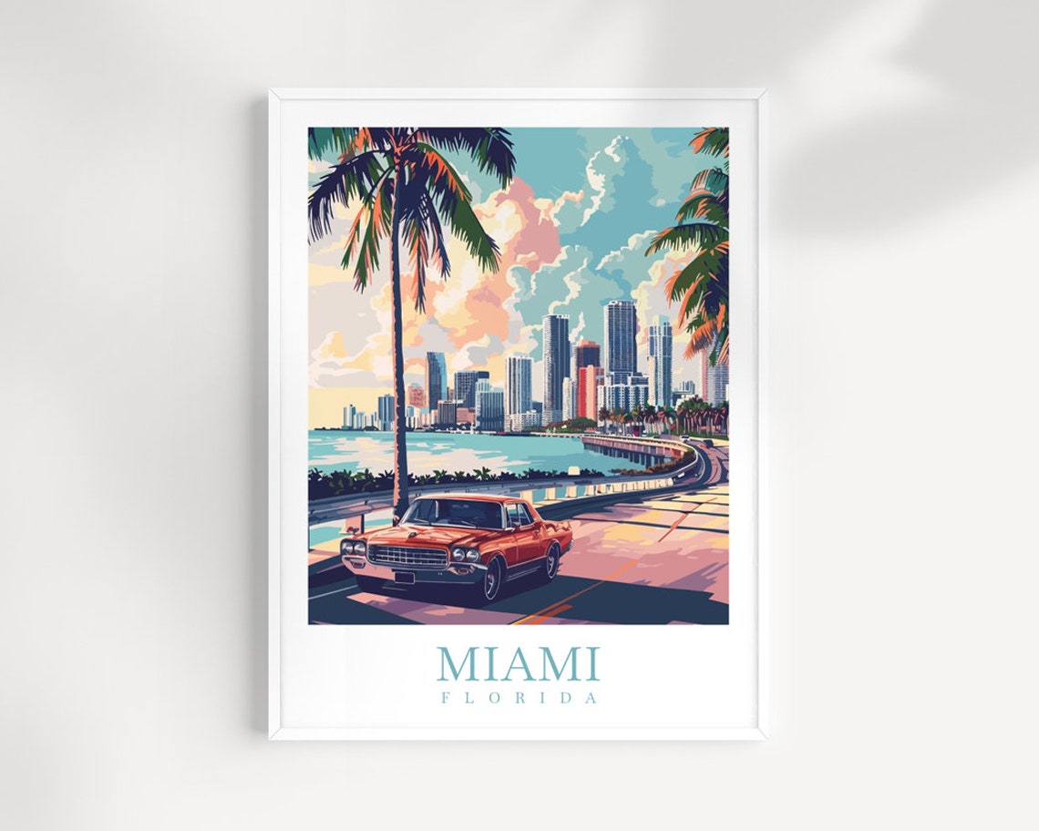 Miami Florida Classic Car Skyline Sunset Retro Travel Poster