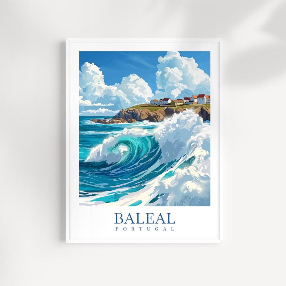 Baleal Portugal Travel Poster Big Ocean Wave Coastal Village Surf Art