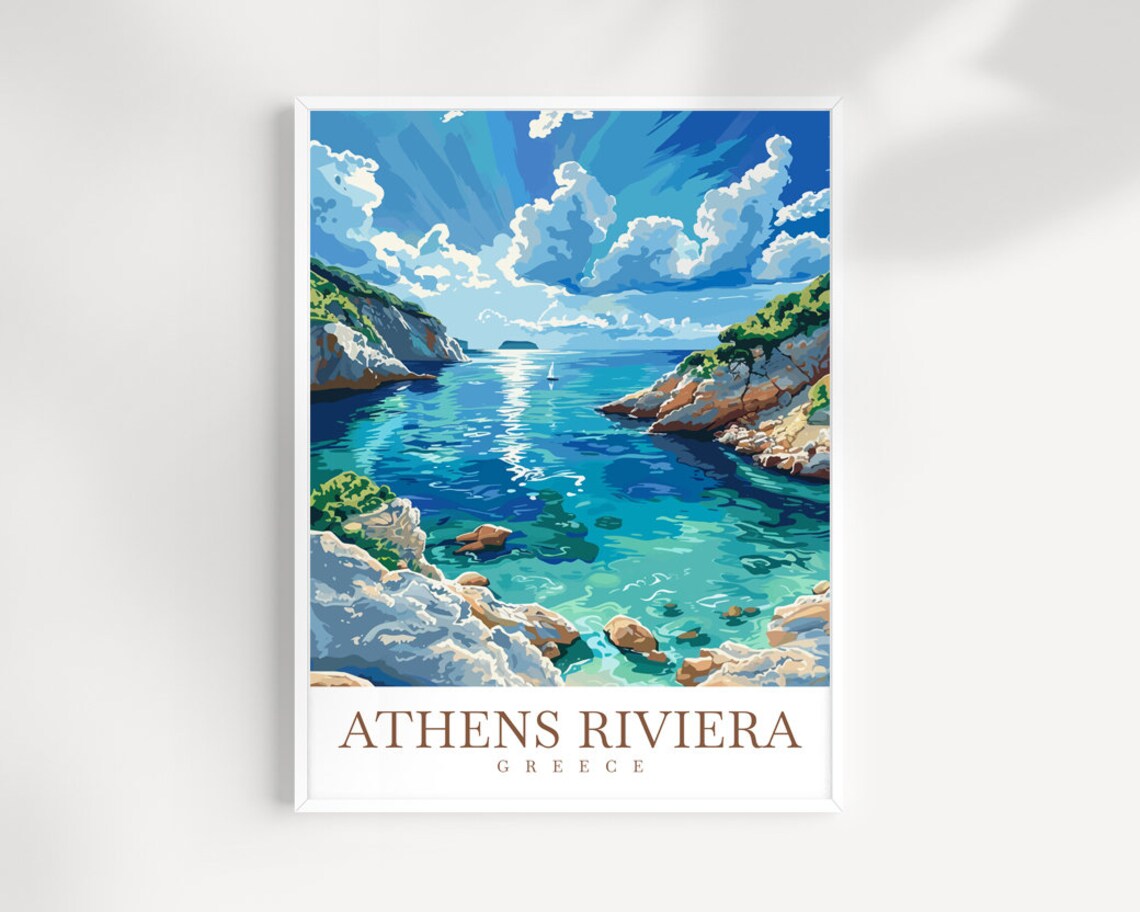 Athens Riviera Greece Hidden Cove Turquoise Sea Sailboat Travel Poster