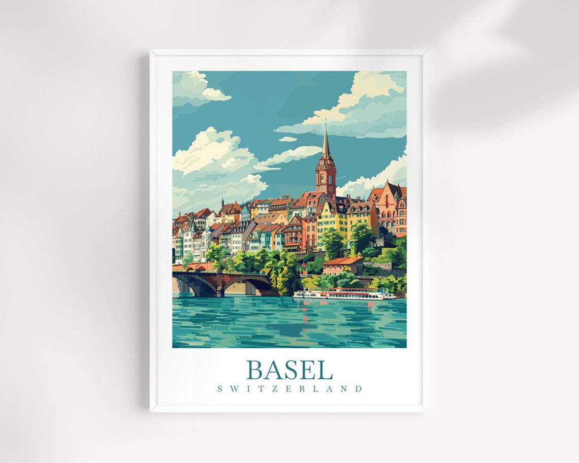Basel Switzerland Riverside Old Town Bridge Vintage Travel Poster