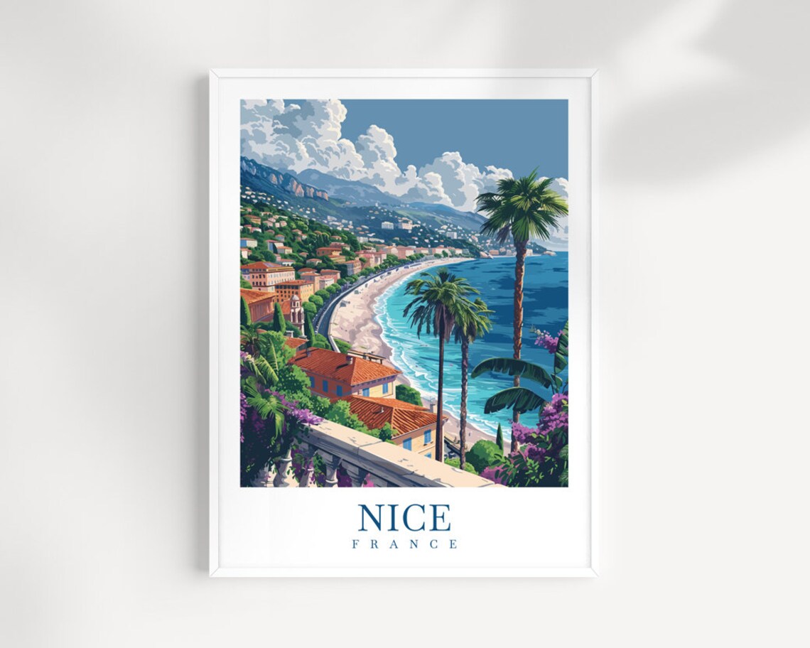 Nice France Riviera Bay Palm Trees Curved Beach Vintage Travel Poster