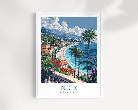 Nice France Riviera Bay Palm Trees Curved Beach Vintage Travel Poster