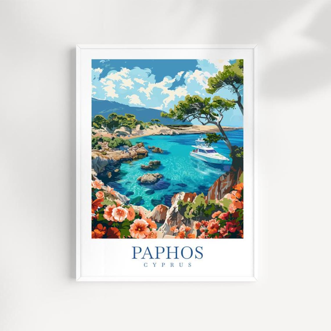 Paphos Cyprus Rocky Cove With Yacht Orange Blossoms Travel Poster