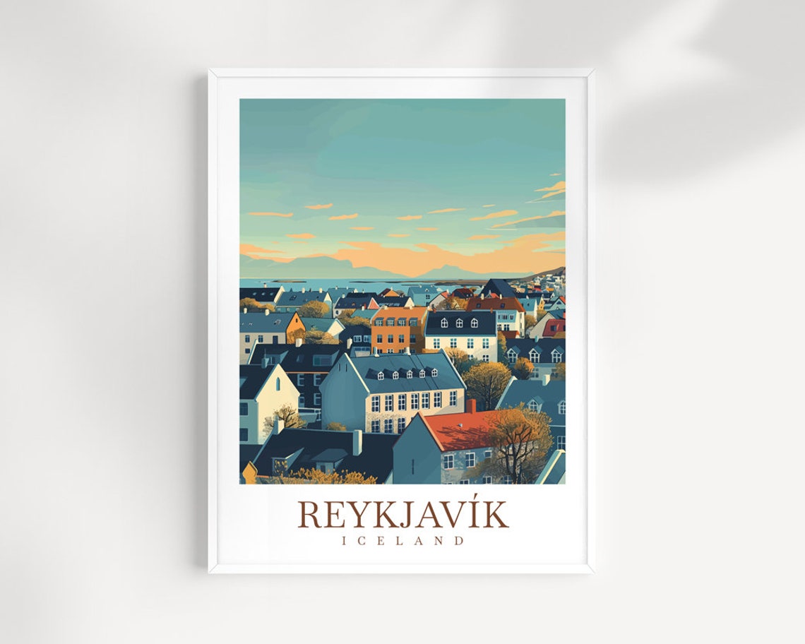 Reykjavik Iceland Rooftop Sunset Panorama Travel Illustration Poster