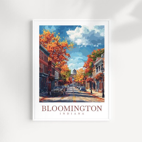 Bloomington Indiana Fall Foliage Main Street Vintage Travel Poster