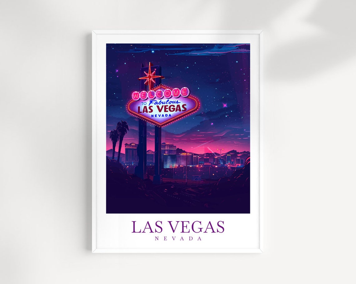 Las Vegas Nevada Welcome Sign Night Neon City Skyline Poster