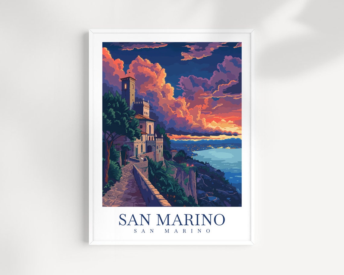 San Marino Tower Sunset Purple Sky Overlook Travel Poster Art