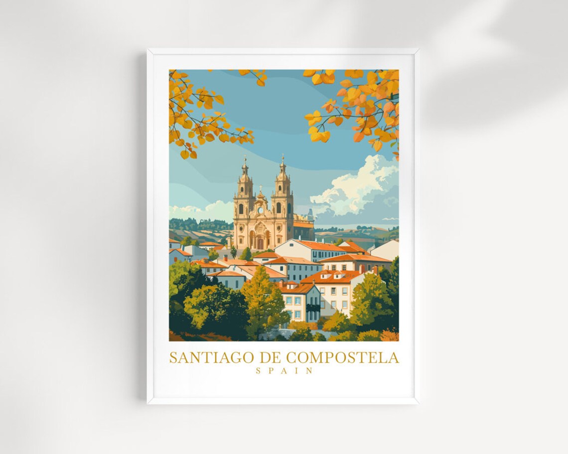 Santiago De Compostela Spain Cathedral Old Town Vintage Travel Poster