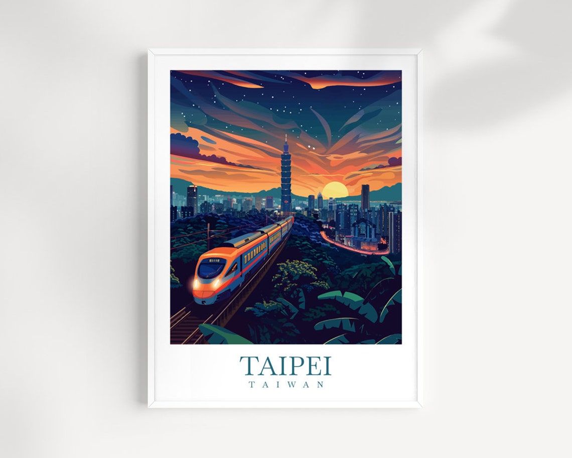 Taipei Taiwan Night Train Beneath Taipei 101 Starry Sky Poster