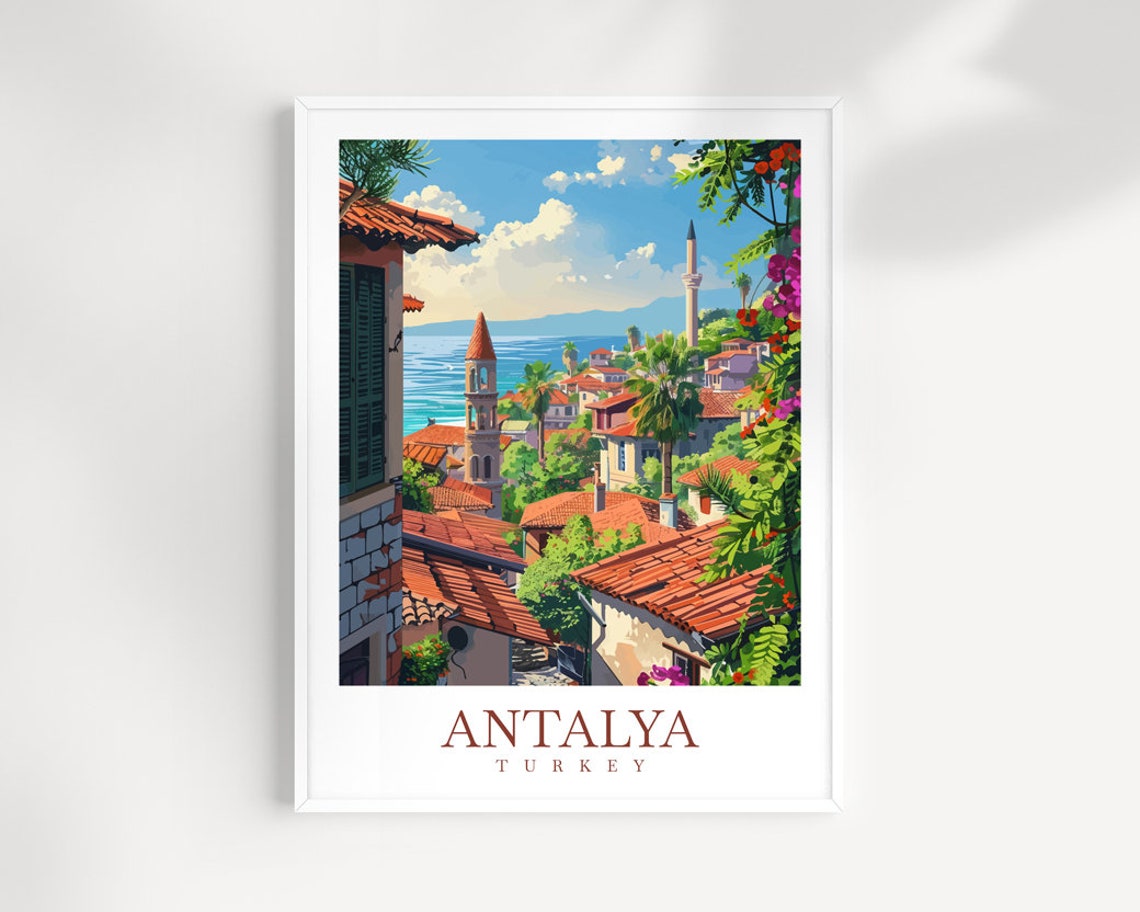 Antalya Turkey Old Town Rooftops Minaret Sea View Travel Poster