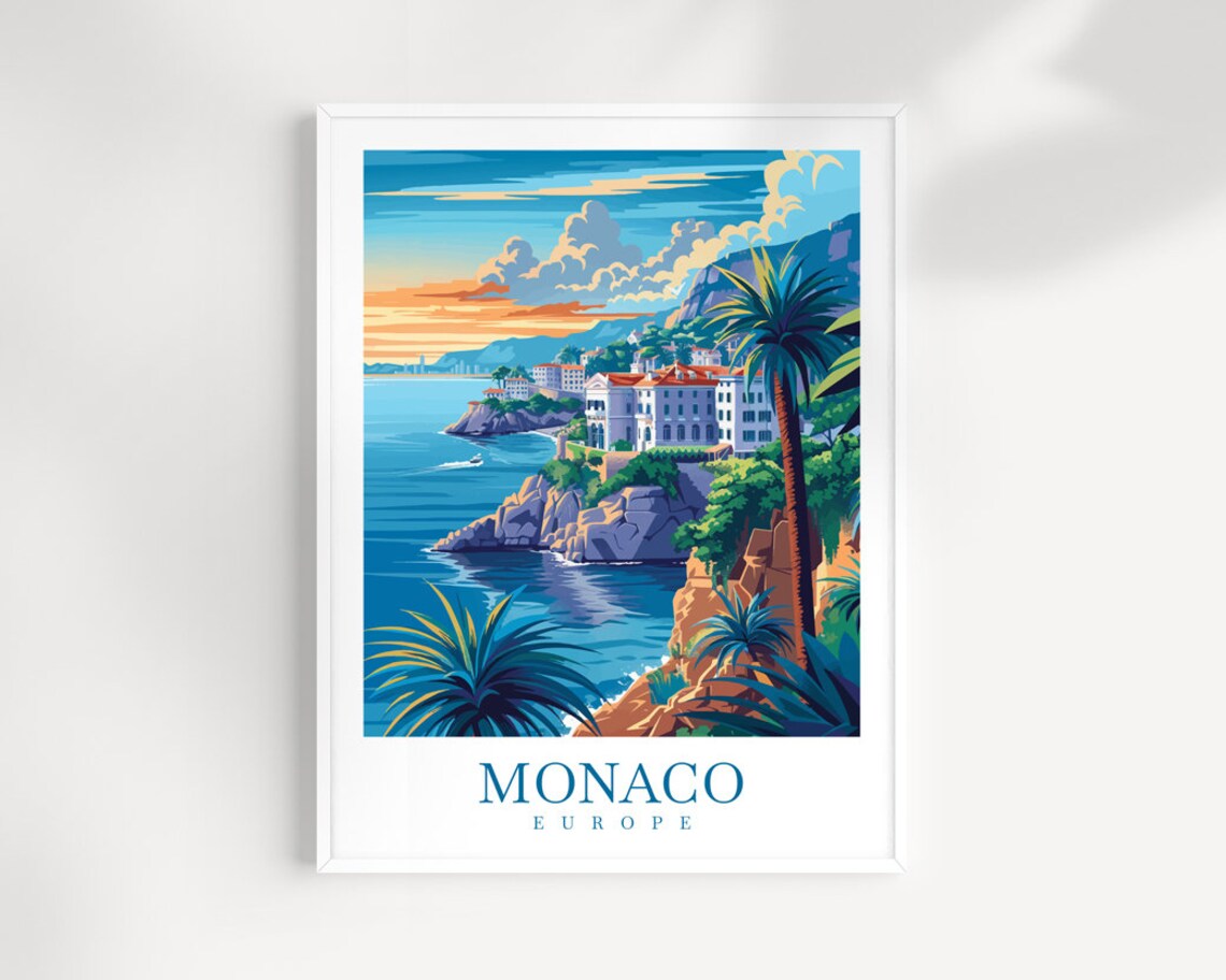 Monaco Europe Clifftop Palace Sunset Seaside View Art Poster