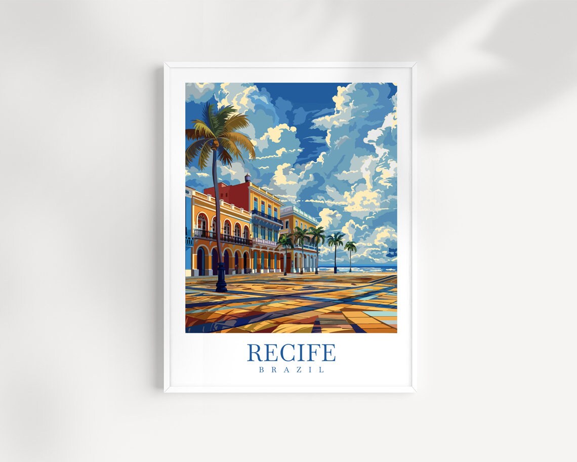 Recife Brazil Waterfront Plaza Colonial Buildings Colorful Travel Poster