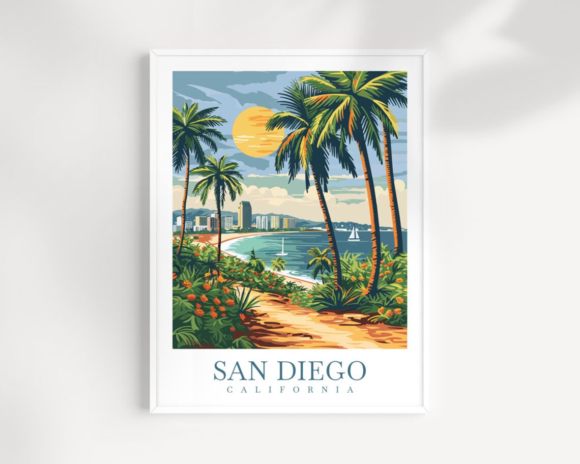 San Diego California Sunset Palm Path Beach Sailboats Art Poster
