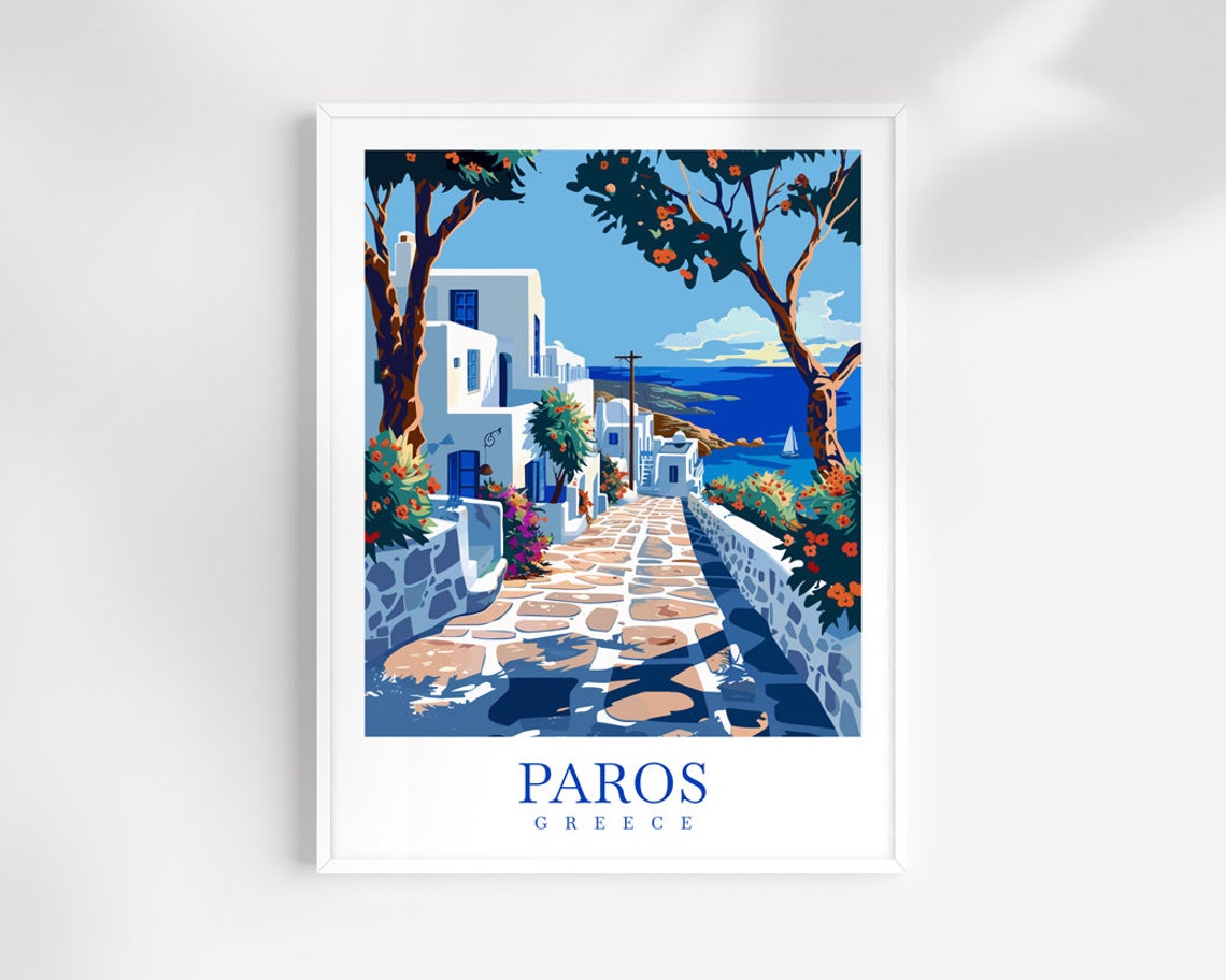 Paros Greece Lane Print Cobblestone Path Orange Trees Sea Horizon
