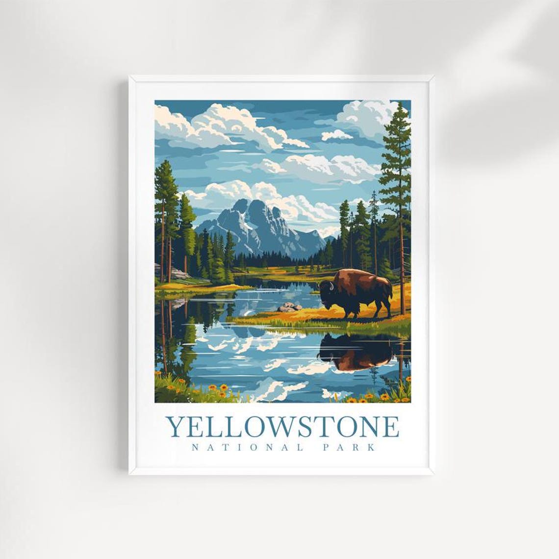 Yellowstone National Park Bison Lake Vintage Style Travel Poster