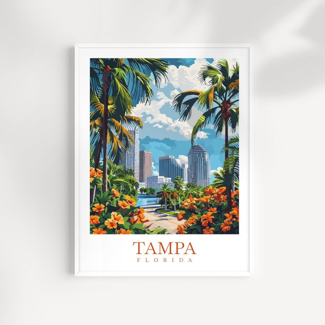 Tampa Florida Palm Trees Flowers Skyline Retro Travel Poster