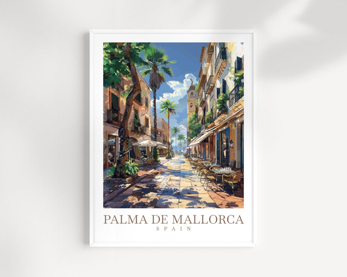 Palma De Mallorca Spain Shaded Cafe Street Bell Tower Travel Poster
