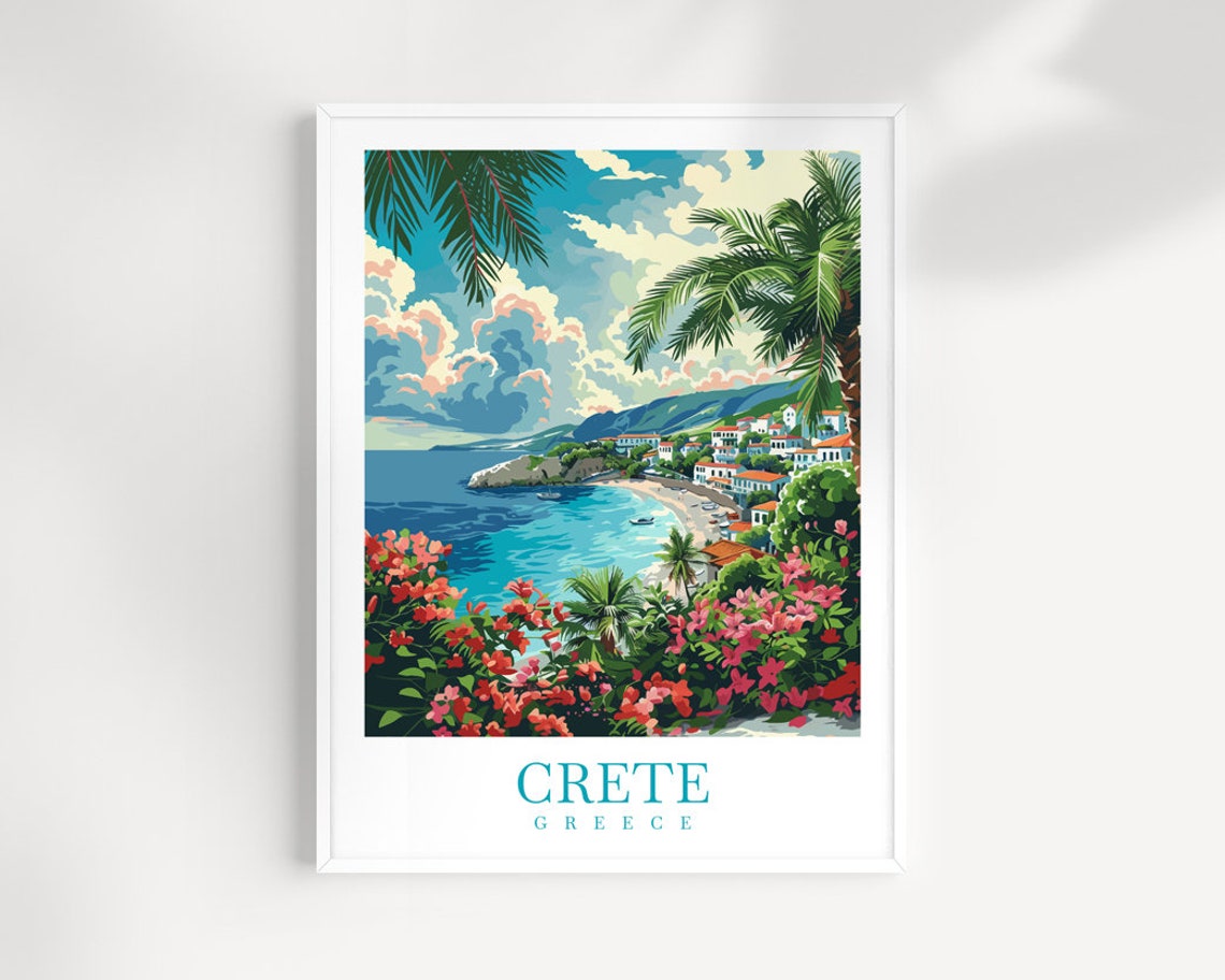 Crete Greece Aegean Coast Palms Bougainvillea Town Travel Poster
