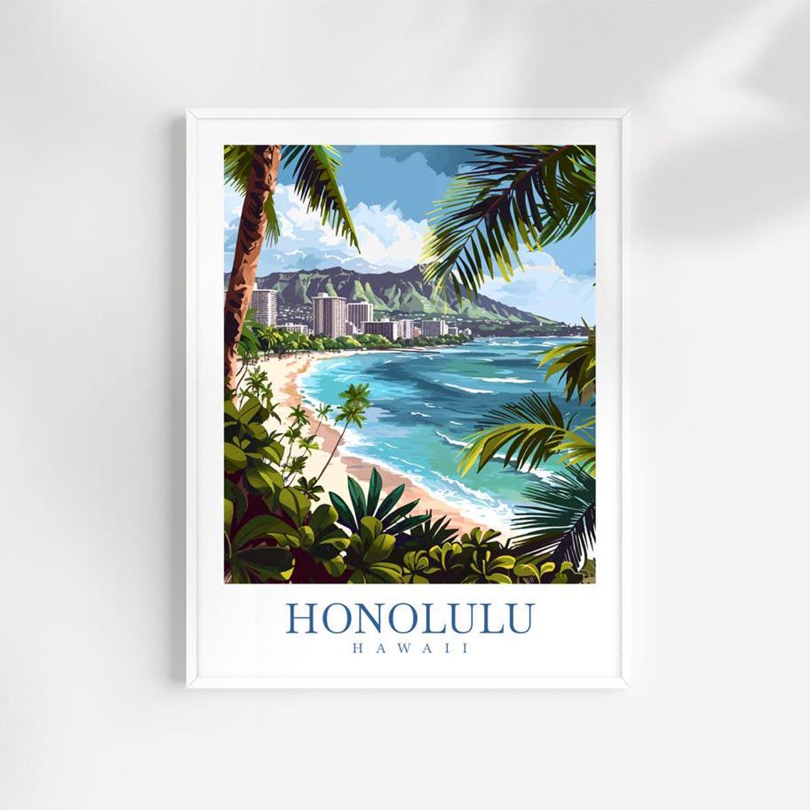 Honolulu Hawaii Waikiki Beach Diamond Head Palm Travel Poster