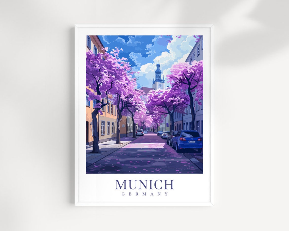 Munich Germany Cherry Blossom Street Spring City Travel Poster