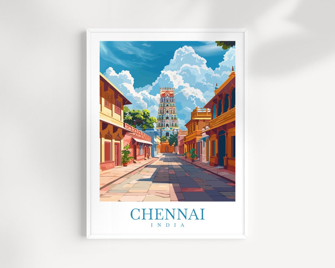 Chennai India Temple Tower Over Colorful Old Colonial Street Poster