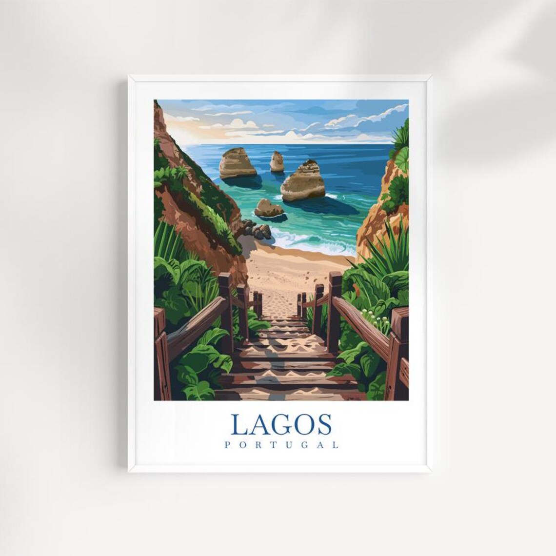 Lagos Portugal Cliff Stairs To A Hidden Cove Beach Travel Poster